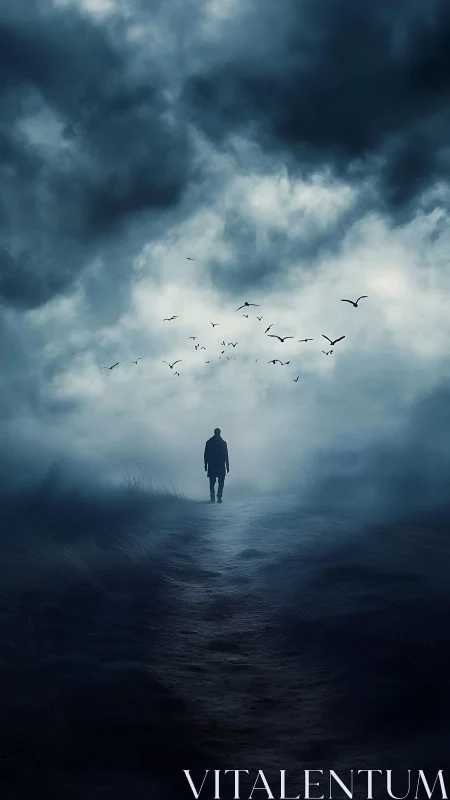 Solitary wanderer climbs a mist-lit path beneath storm birds.