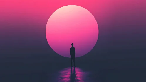 Solitary dreamer gazes toward a giant pink neon sun
