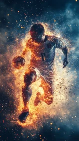 Soccer star sprinting through swirling sparks and firelight.