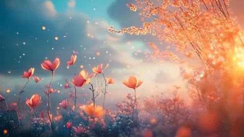 Luminous Wildflowers Blooming in Golden Sunset Light