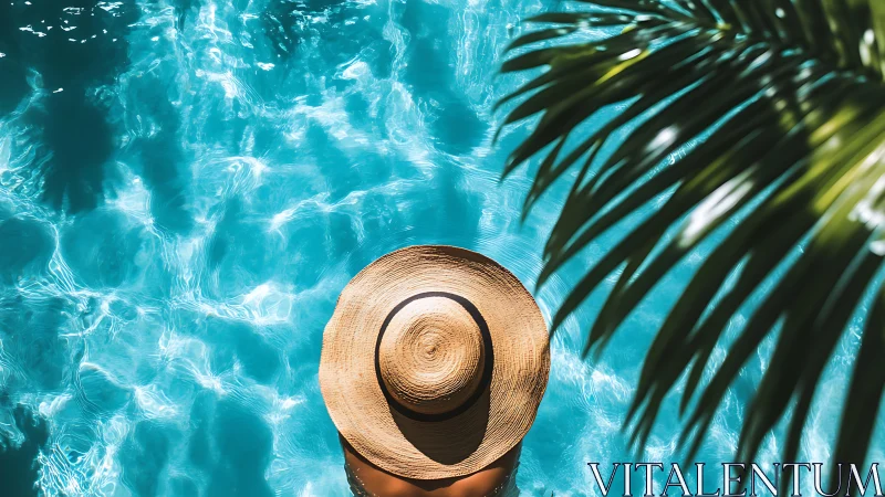 Overhead view of sunlit straw hat in turquoise pool water