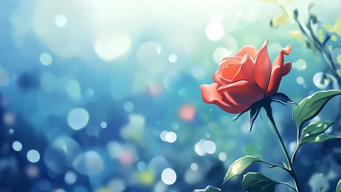 Digital painting study of single rose with luminous bokeh field.