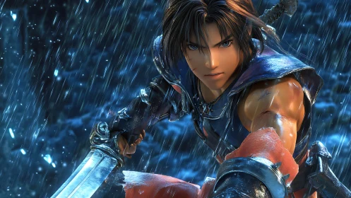 Armored fantasy warrior lunges forward in dynamic rain-lit closeup