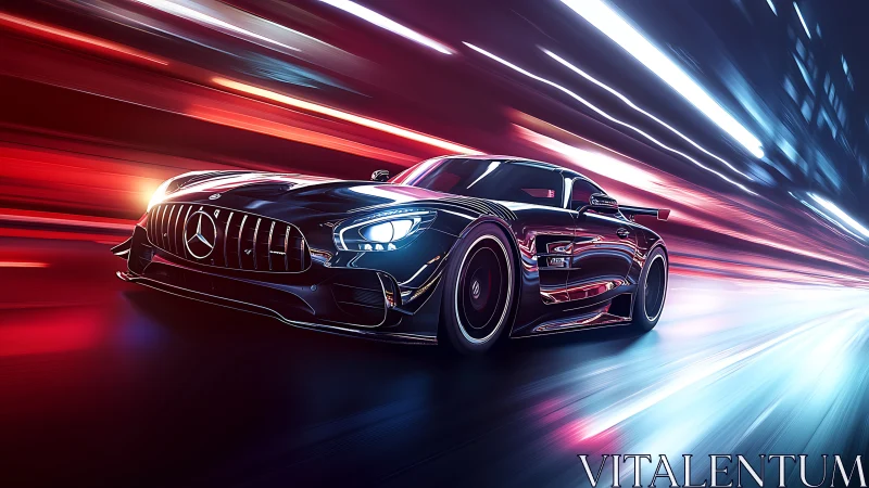 Neon hurricane supercar slices through electric city night.