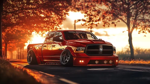 Photorealistic slammed pickup truck in autumn backlight streetscape.