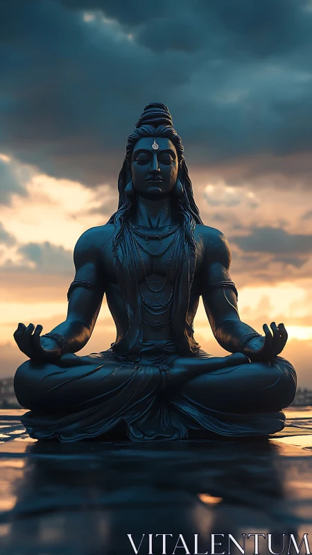 Meditating deity statue rendered against dramatic sunset sky