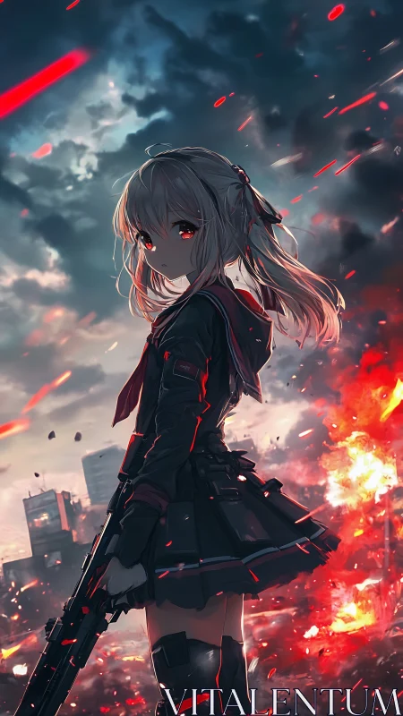 Anime warrior girl stands defiant amid burning city ruins