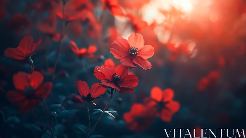 Red flowers photographed against blurred background with warm light