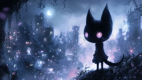 Catlike figure overlooking illuminated fantasy city at night.
