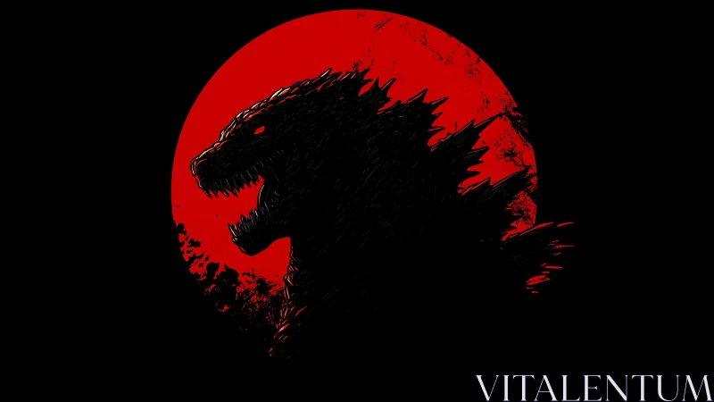 Silhouette of giant reptilian creature before red circle.