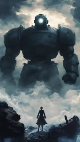 Human figure faces massive armored robot in stormy fog