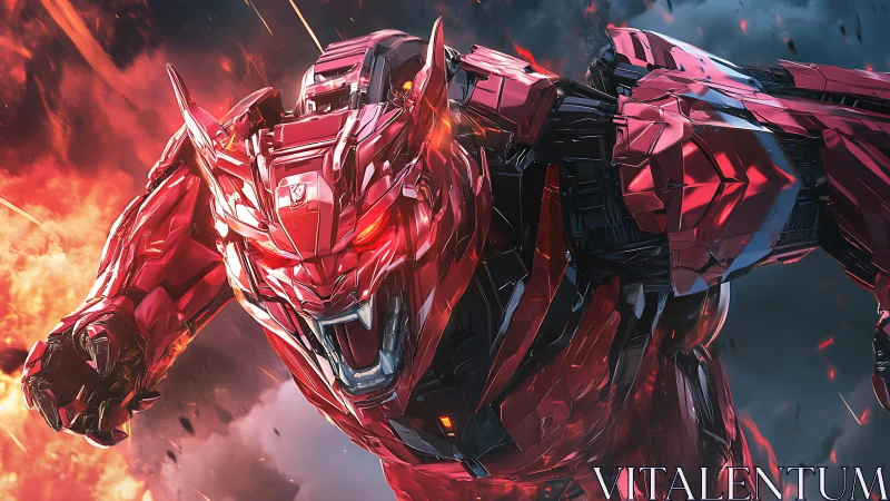 Cybernetic red mecha wolf charging through explosive inferno.