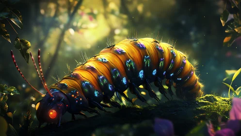 Bioluminescent forest caterpillar glows in enchanted twilight.