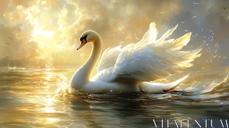White swan gliding on golden sunset water surface.