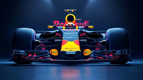 Formula race car under dramatic studio-grade rim lighting.