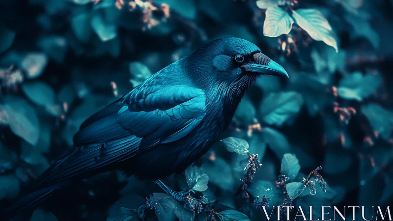 Blue-toned Bird Perched on Crystalline Botanical Structure.