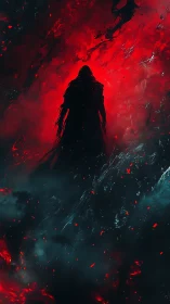 Mysterious cloaked wanderer in glowing red cosmic storm.
