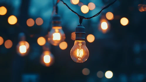 Edison bulb string lights glow against deep twilight blur.
