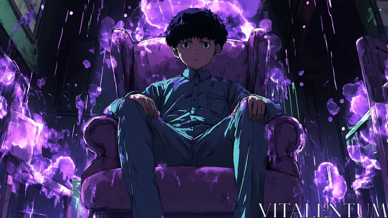 Psychokinetic adolescent in chair amid radiant violet surge.