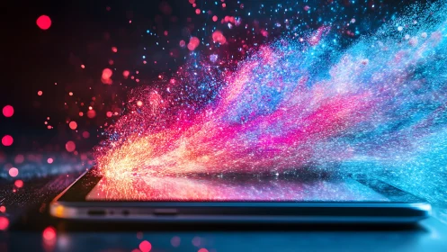 Tablet device with abstract digital particle dispersion.
