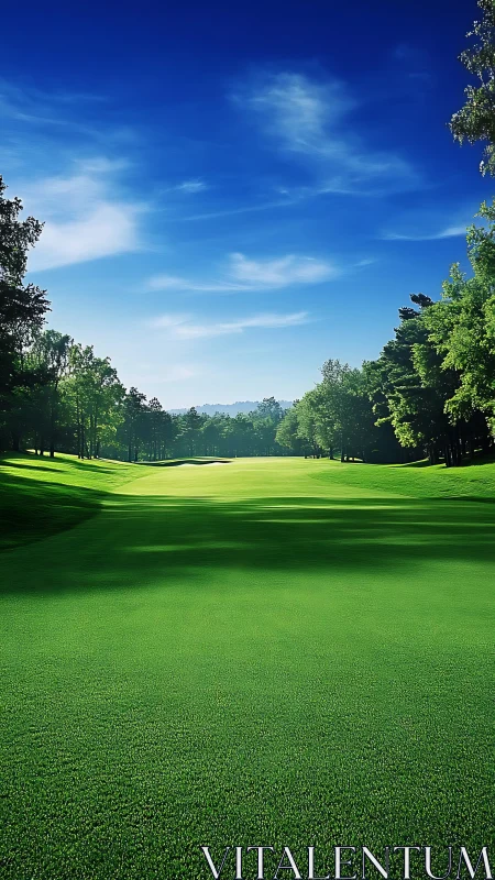 Golf fairway bordered by trees under clear blue sky.