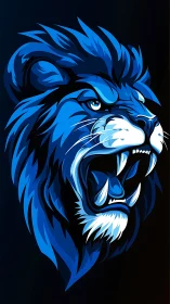 Blue lion head roars with stylized angular fur shapes