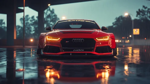 Red sports car glowing warmly on a rainy city night.