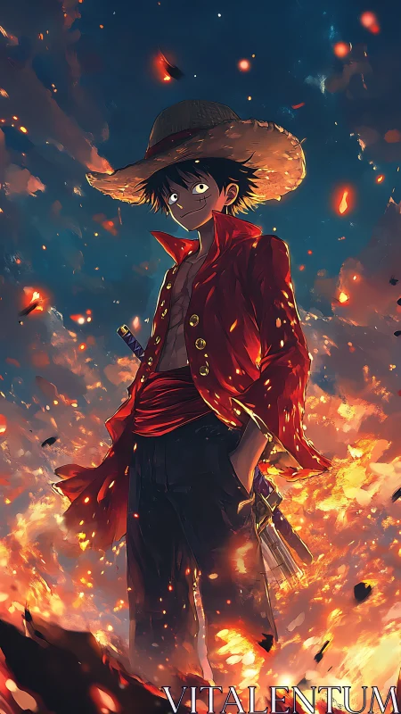 Straw hat swordsman stands amid rising embers and firelight