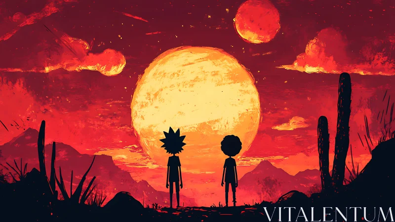 Silhouetted duo observe alien sunset under multiple moons