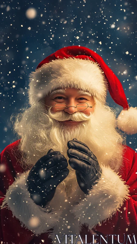 Photoreal Santa portrait with snowfall and tactile textiles.