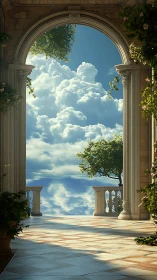 Mediterranean colonnade framing luminous ocean cloudscape.