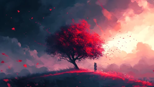 Digital scene shows red tree with two figures on a ridge