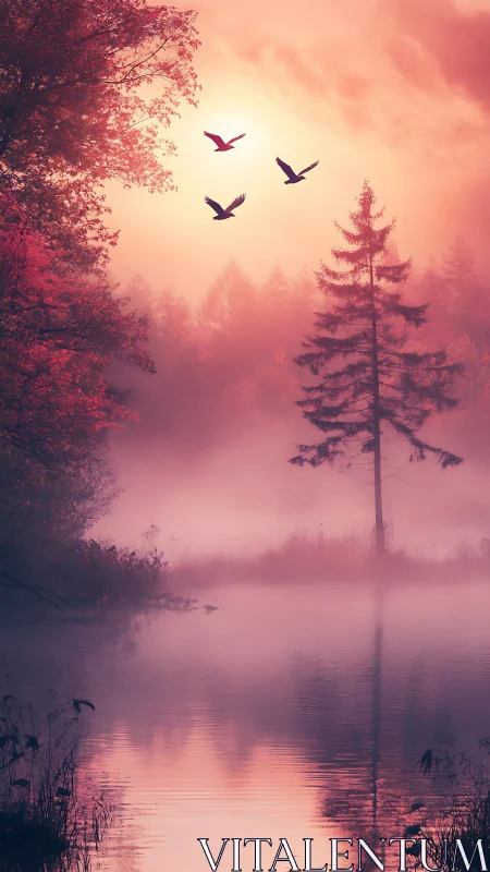 Sunlit mist surrounds trees and flying birds above still water
