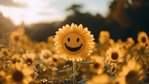 Smiling sunflower face rises above warm sunset field