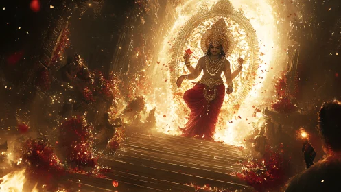 Radiant goddess ascending through cascading golden firestorm.