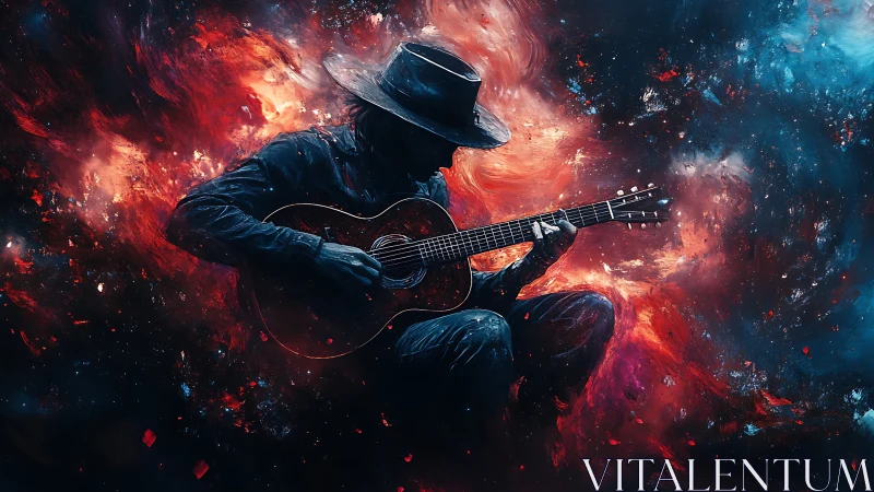 Guitarist silhouette in cosmic red and blue nebula field.