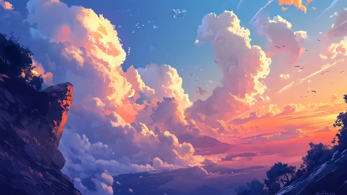 Sunset clouds tower above a tranquil coastal horizon.