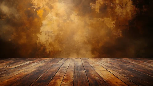 Rustic wooden floor against warm textured wall background.