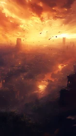 Sunlit ruined cityscape under dense orange storm clouds.