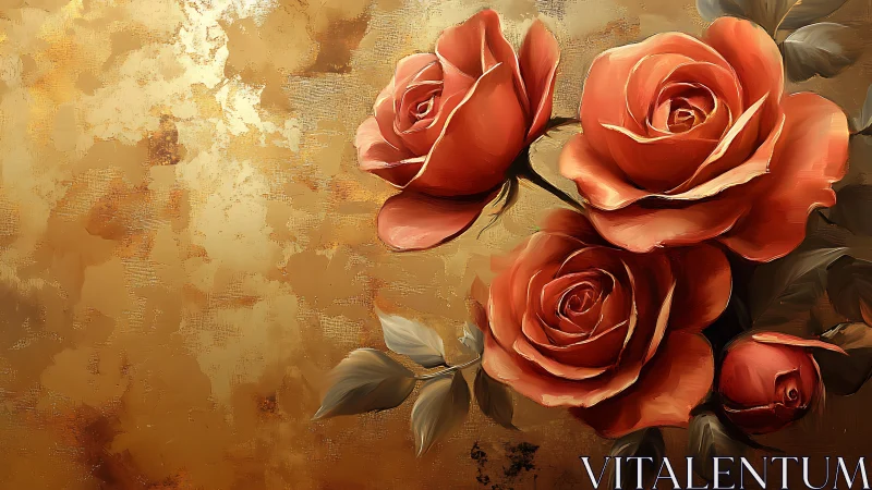 Burnished bouquet of red roses on textured gold field.