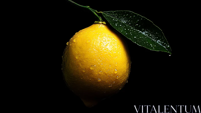 Single wet lemon with leaf on black isolated background.