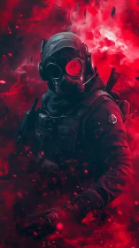 Masked special ops soldier advances through burning crimson haze