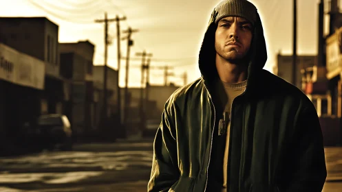 Photorealistic urban portrait with dramatic golden backlight.