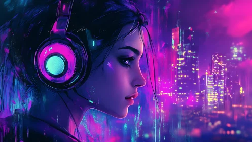 Neon city soundscape with contemplative girl in profile.