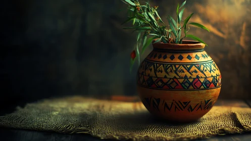 Decorated clay pot with foliage rests on rough woven mat