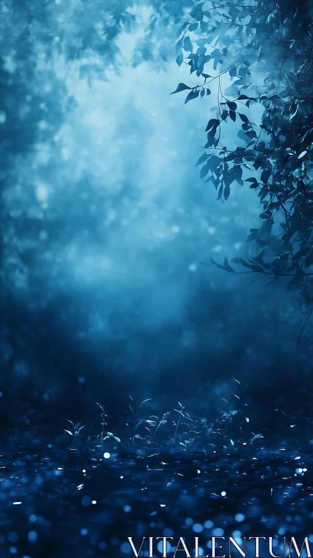Moody blue forest clearing with glowing ground lights.