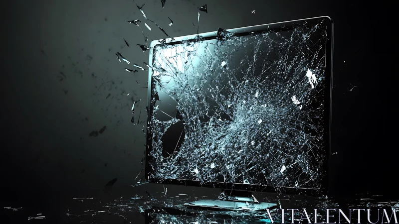 Shattered monitor erupts in frozen glass storm of pixels.