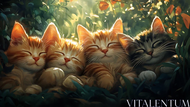 Four Digitally Rendered Cats with Closed Eyes Amid Illuminated Foliage