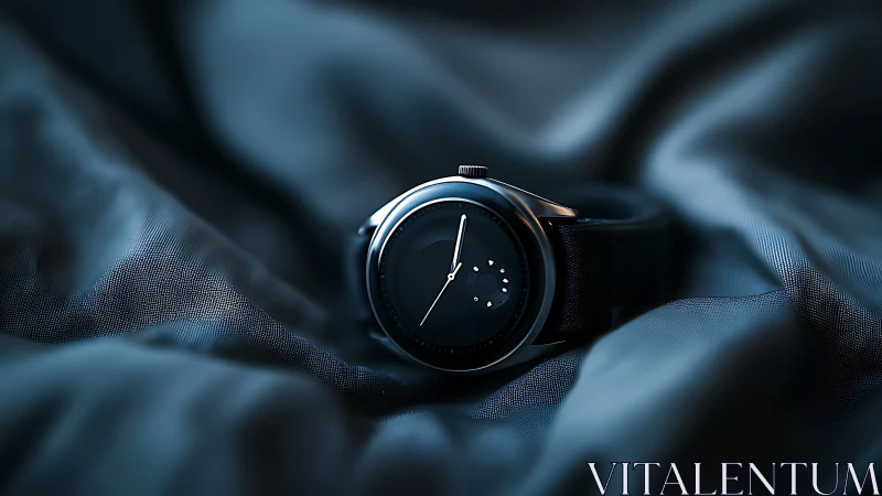 Midnight watch resting softly in folds of deep blue fabric.