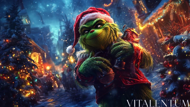 3D Christmas mischief character in vibrant nocturne village.